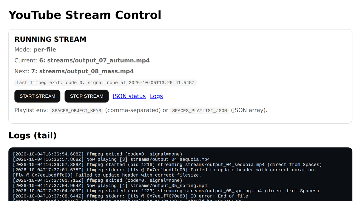 The Relaxation Channel stream control page showing the running stream, current and next video, last ffmpeg exit code, and the log tail