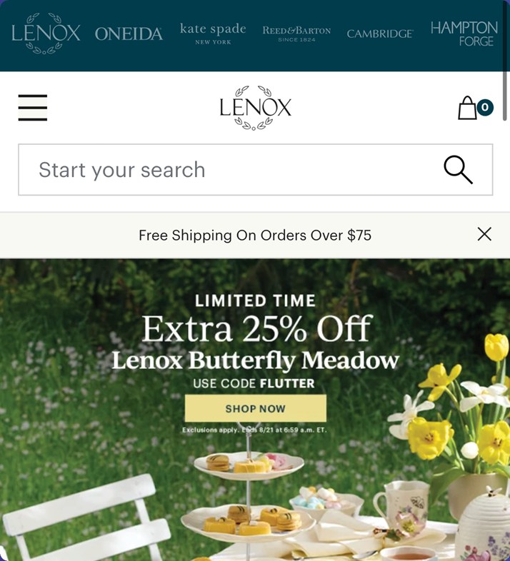 LENOX mobile header with a brand bar for LENOX, Oneida, kate spade new york, Reed & Barton, Cambridge and Hampton Forge
