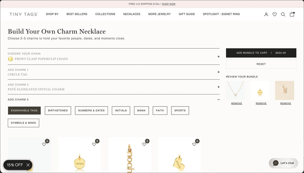 Build Your Own Charm Necklace page with a chain and three charms in the bundle and a $555 Add bundle to cart button
