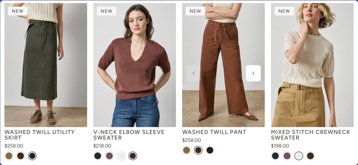 The same product card after arrowing through, now showing the Washed Twill Pant in brown with the brown swatch selected