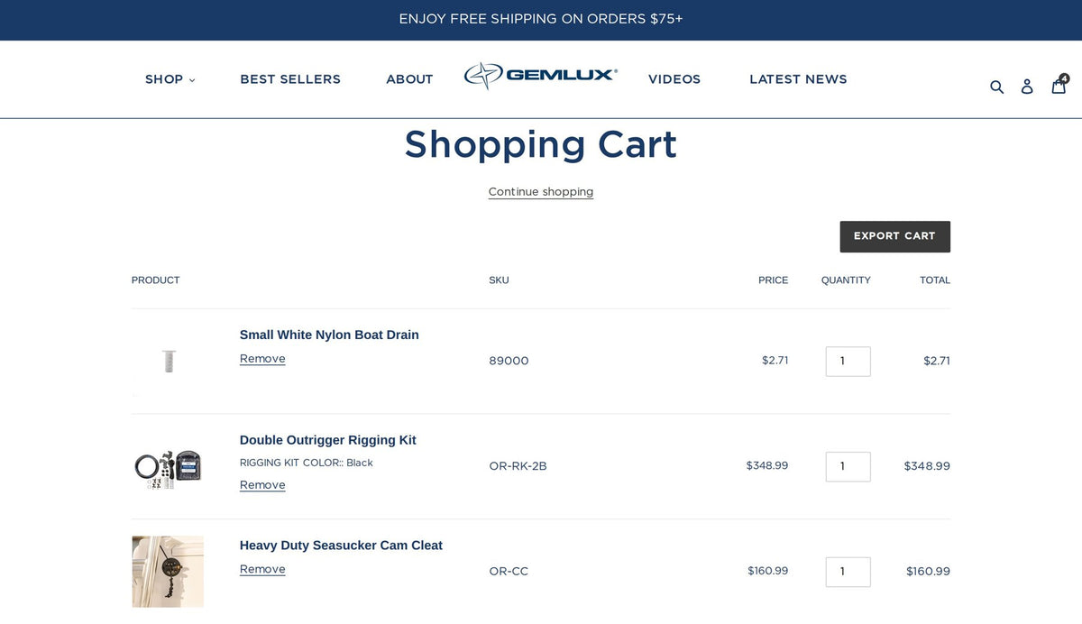 GEMLUX shopping cart with an Export Cart button above the product, SKU, price, quantity and total columns