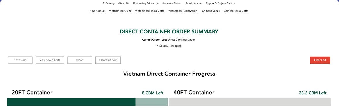 Direct container order summary with progress bars showing 8 CBM left in a 20 ft container and 33.2 CBM left in a 40 ft container