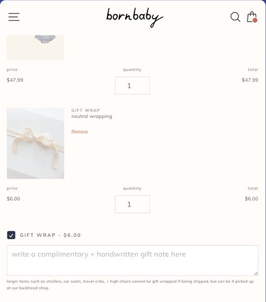 With the box checked, neutral gift wrapping is added to the cart as its own line