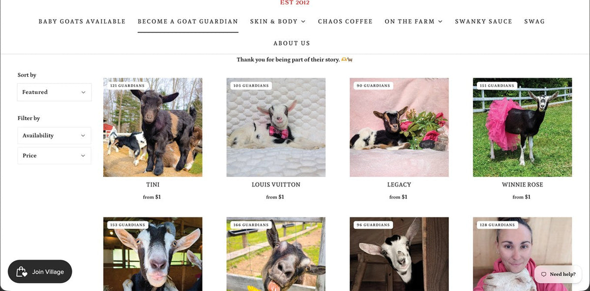 Syman Says Farms Become a Goat Guardian page where each goat shows how many guardians it has