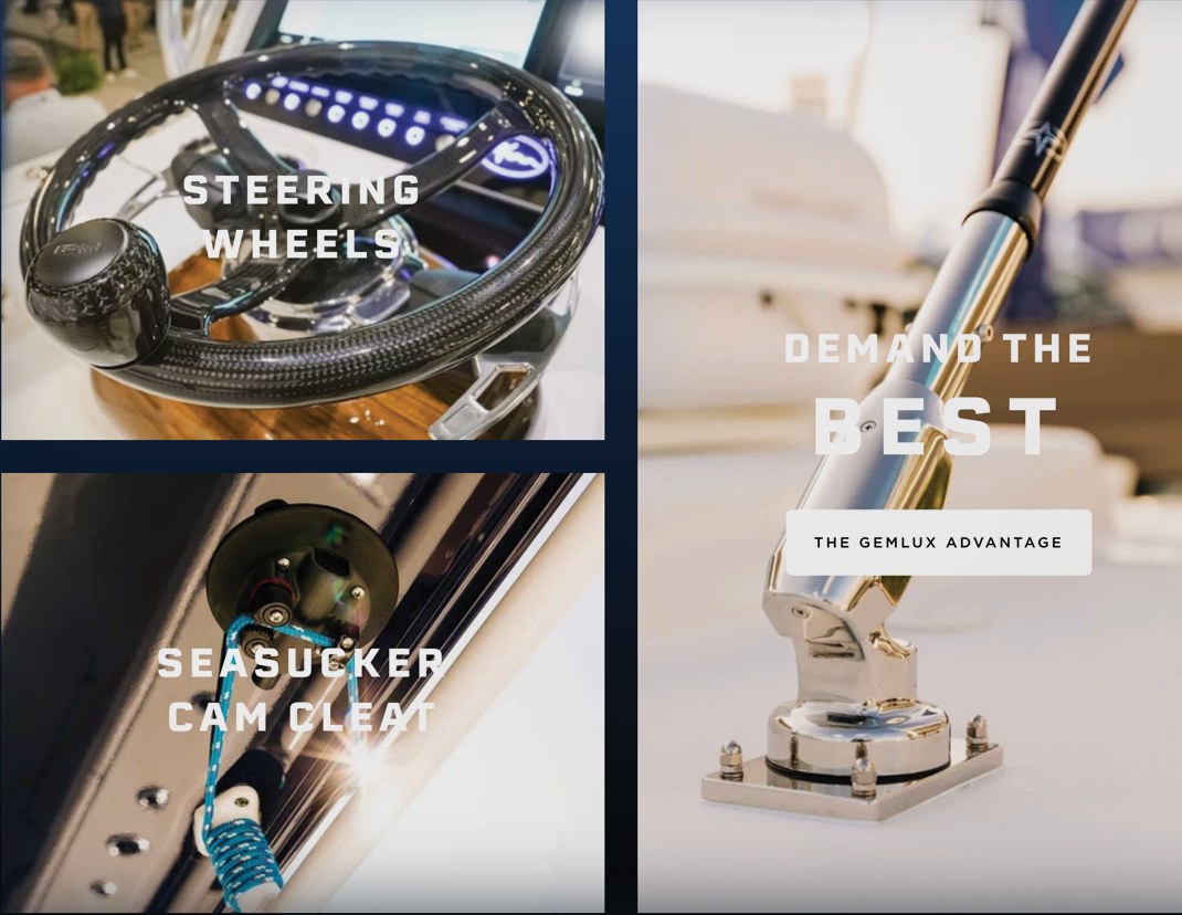 GEMLUX homepage collage of product photo tiles labeled Steering Wheels and Seasucker Cam Cleat beside a tall Demand the Best tile
