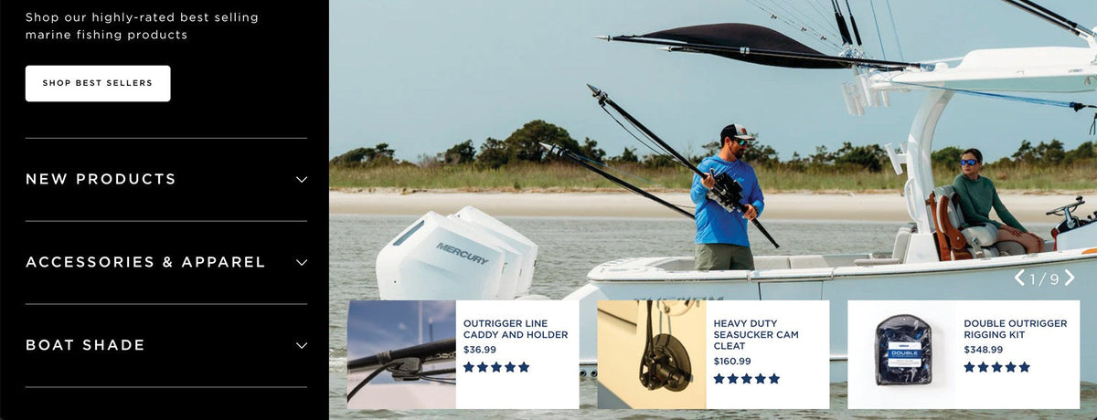 GEMLUX homepage section with a category list beside a full-width boat photo and product cards with prices and ratings
