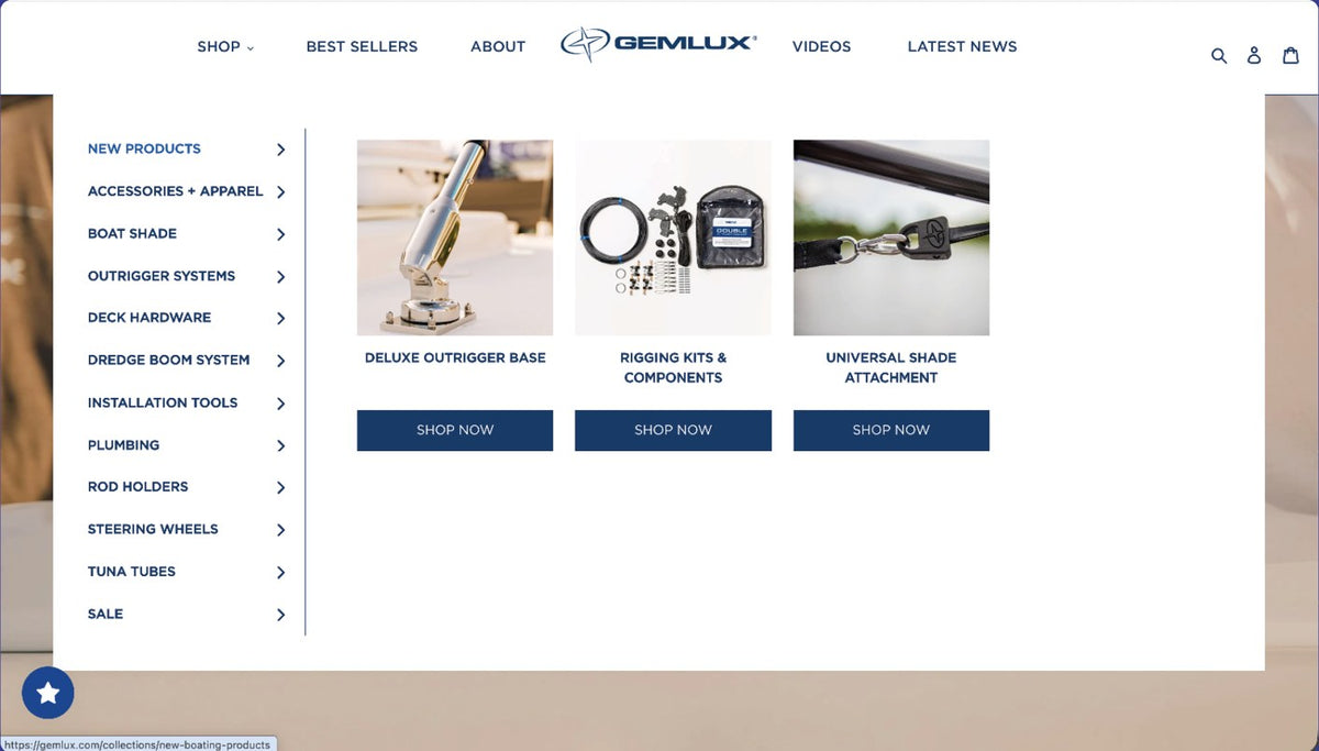 GEMLUX Shop menu showing three featured outrigger products with Shop now buttons