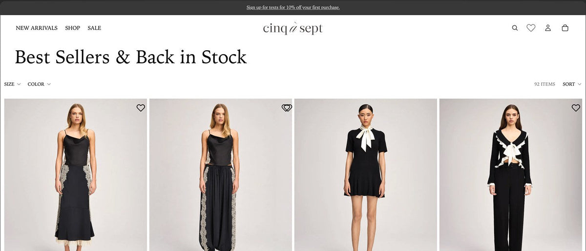 cinq a sept Best Sellers & Back in Stock collection with size and color filters, item count, sort and evenly sized product photos