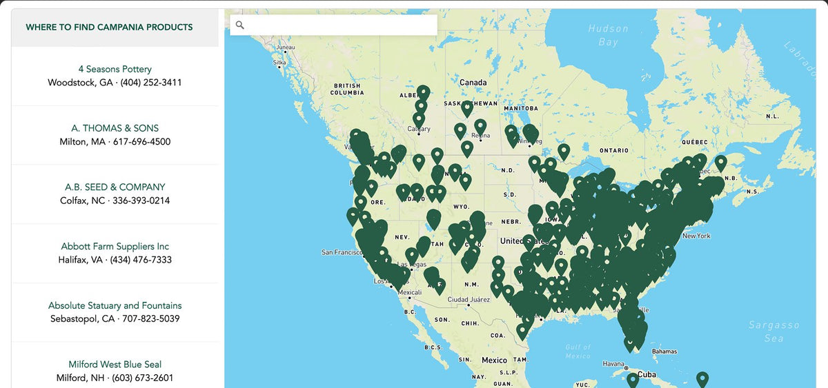 Where to find Campania products: a list of retailers beside a map of North America covered in store pins