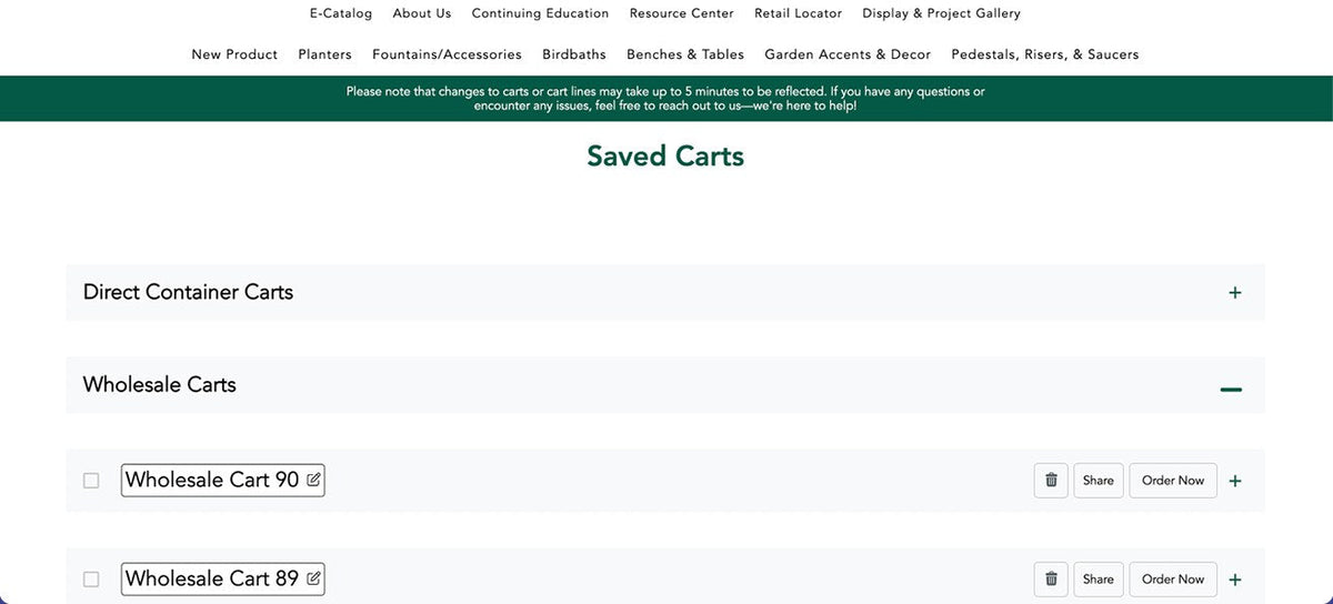 Saved Carts page grouped into Direct Container Carts and Wholesale Carts, each with rename, delete, share and order now