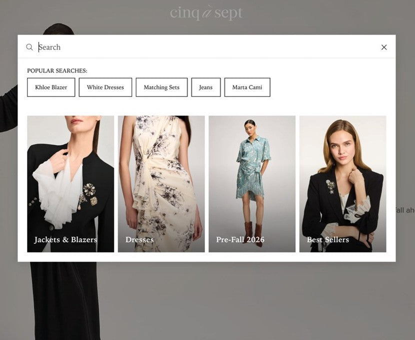 Empty search box with popular searches and four category tiles: Jackets & Blazers, Dresses, Pre-Fall 2026 and Best Sellers