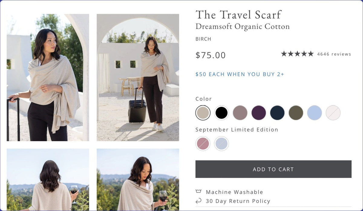 Travel scarf product page with the core colors in one row and a separate September Limited Edition swatch group