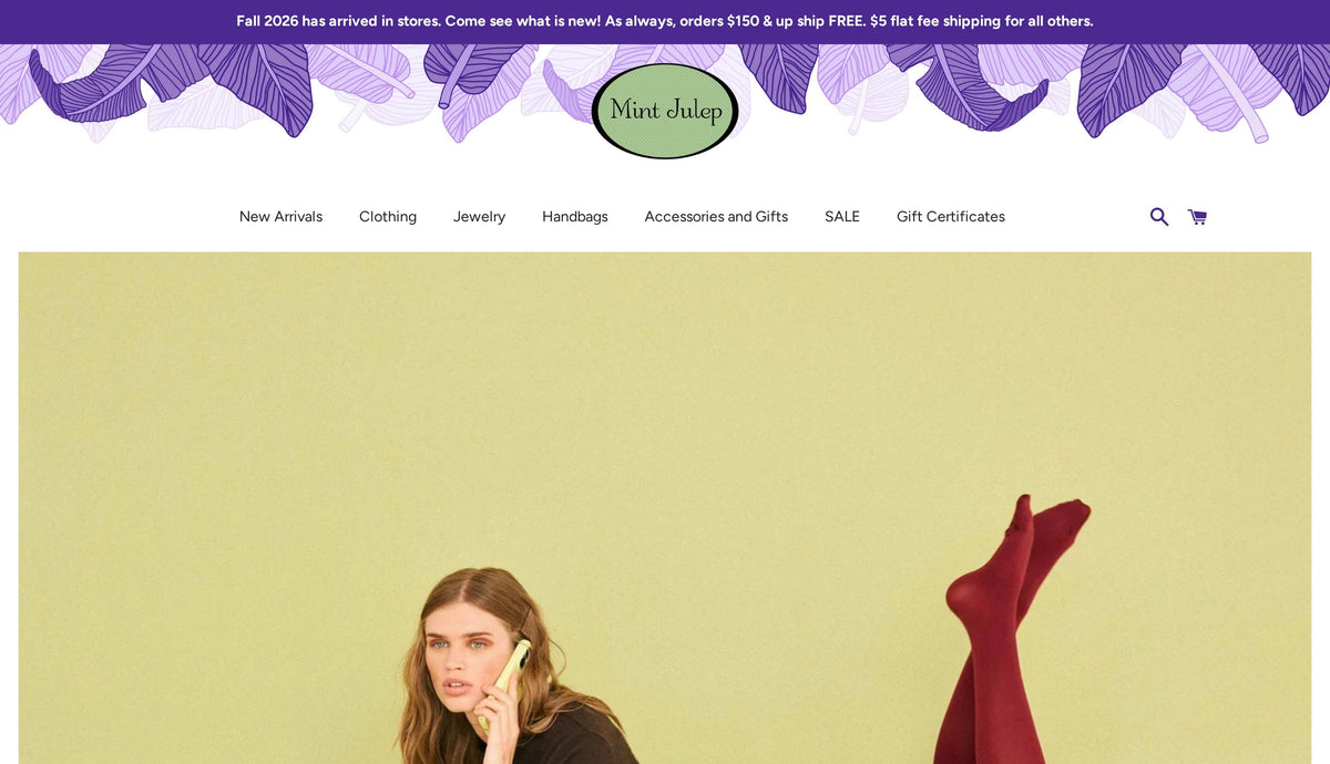 Mint Julep homepage with the purple leaf header, oval logo and a fall 2026 campaign photo