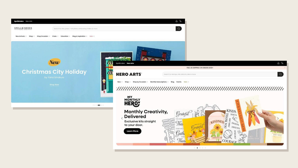 Spellbinders and Hero Arts homepages, two brands running on one Shopify store