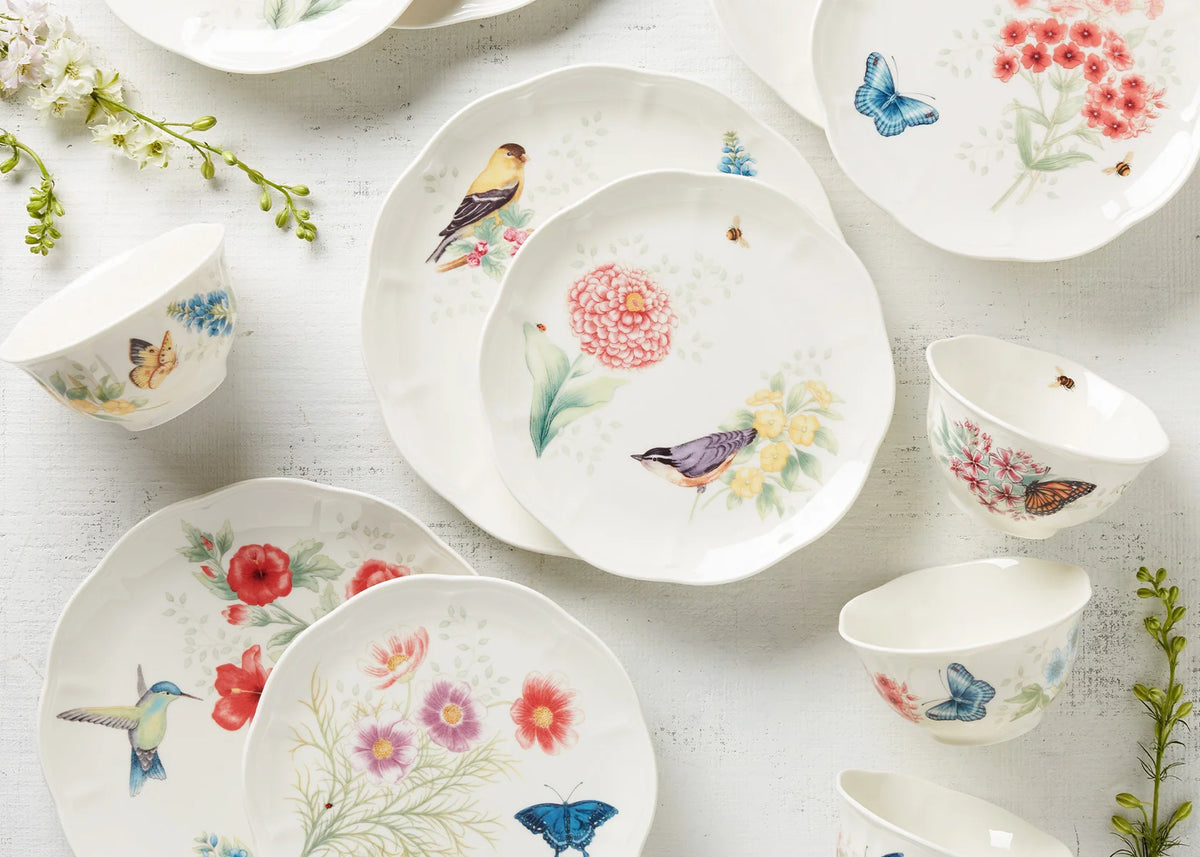 Lenox Butterfly Meadow dinnerware with floral and butterfly designs