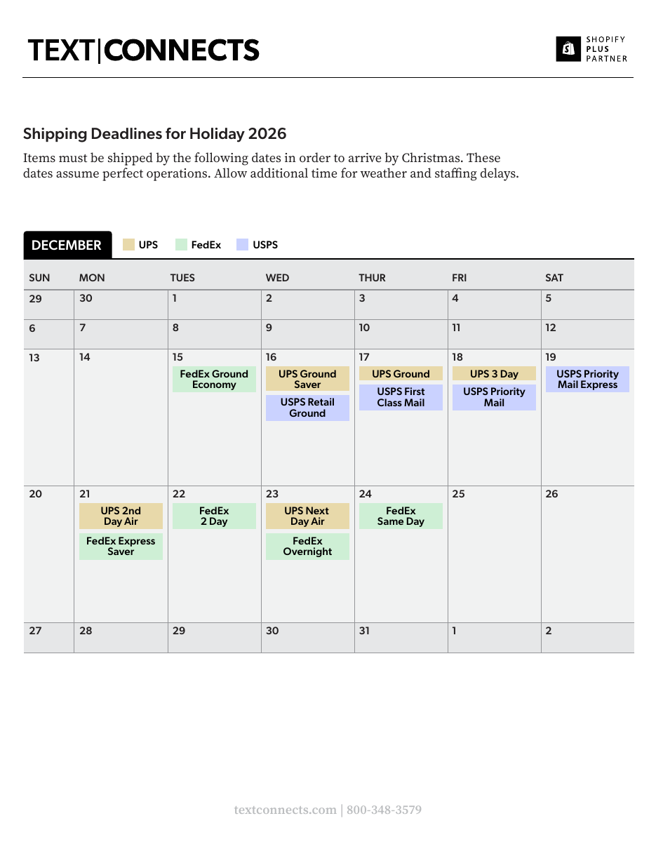 December 2026 calendar showing the last ship dates for UPS, FedEx and USPS to arrive by Christmas