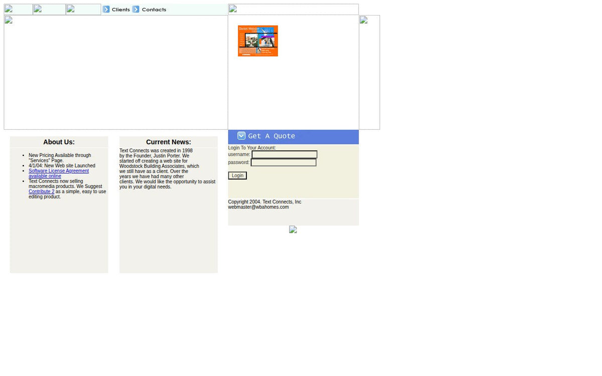 Text Connects homepage in 2004, a table-based layout with About Us, Current News and a client login