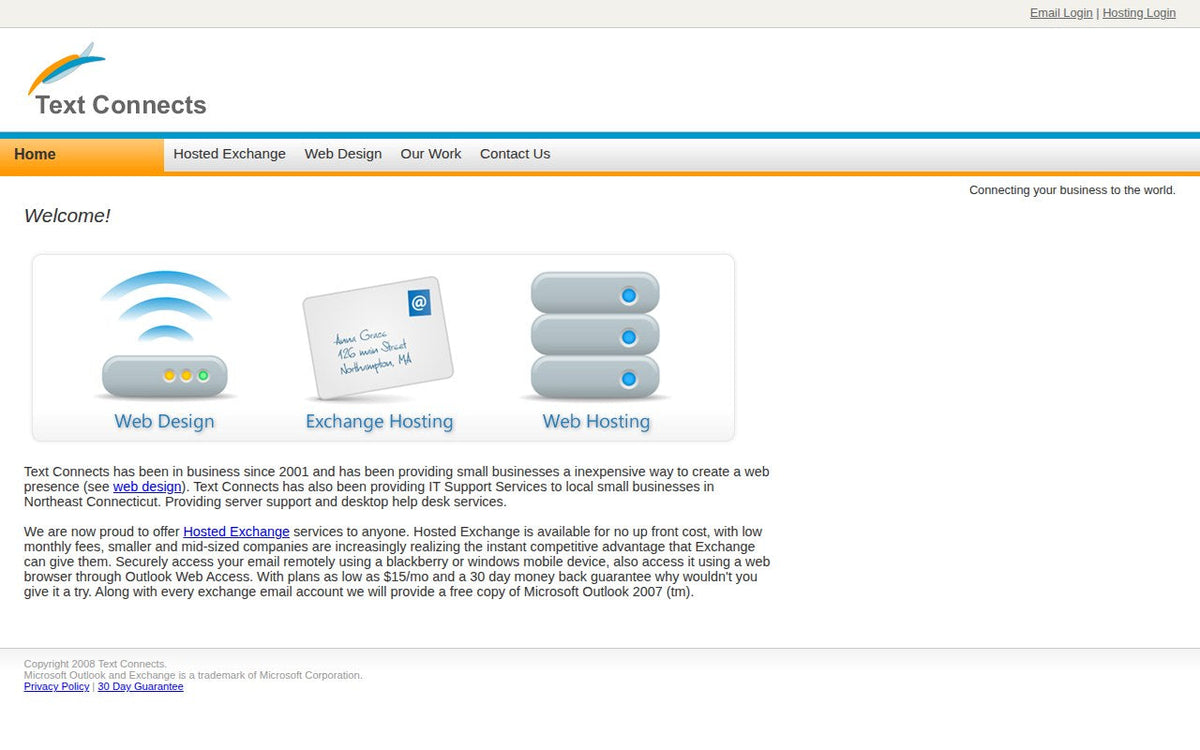 Text Connects homepage in 2009 offering web design, hosted Exchange email and web hosting