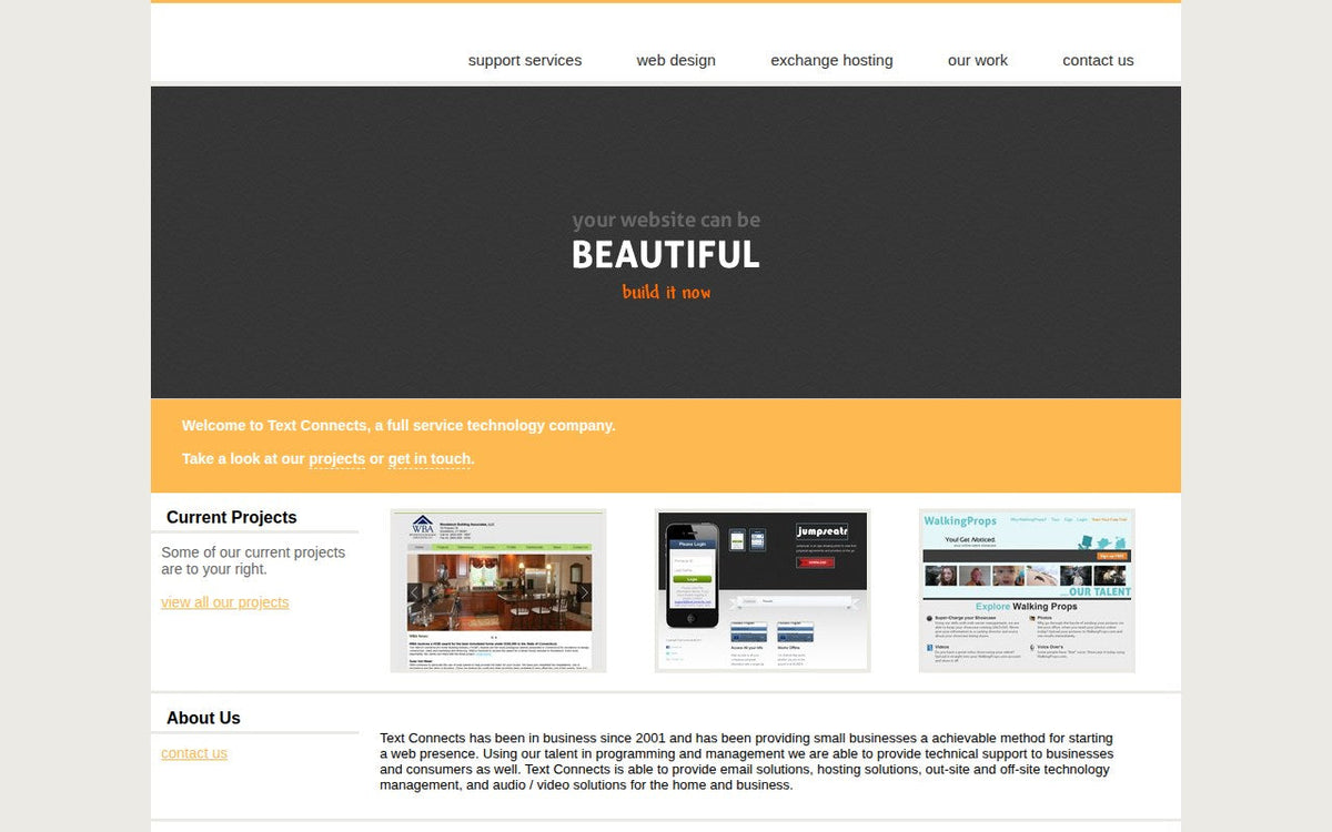 Text Connects homepage in 2012 with the headline Your website can be beautiful and a row of current projects