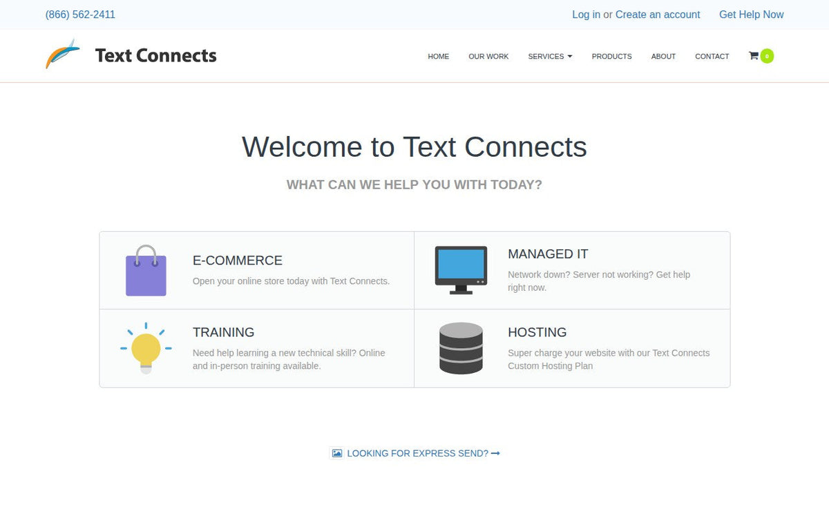 Text Connects homepage in 2018 asking What can we help you with today, with e-commerce, managed IT, training and hosting