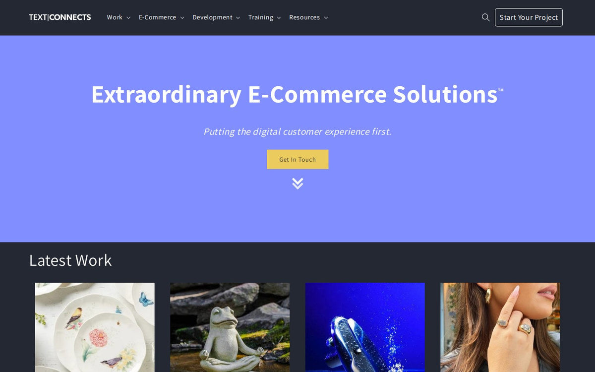 Text Connects homepage in 2025 and 2026 with a mega menu and a Latest Work row of client projects